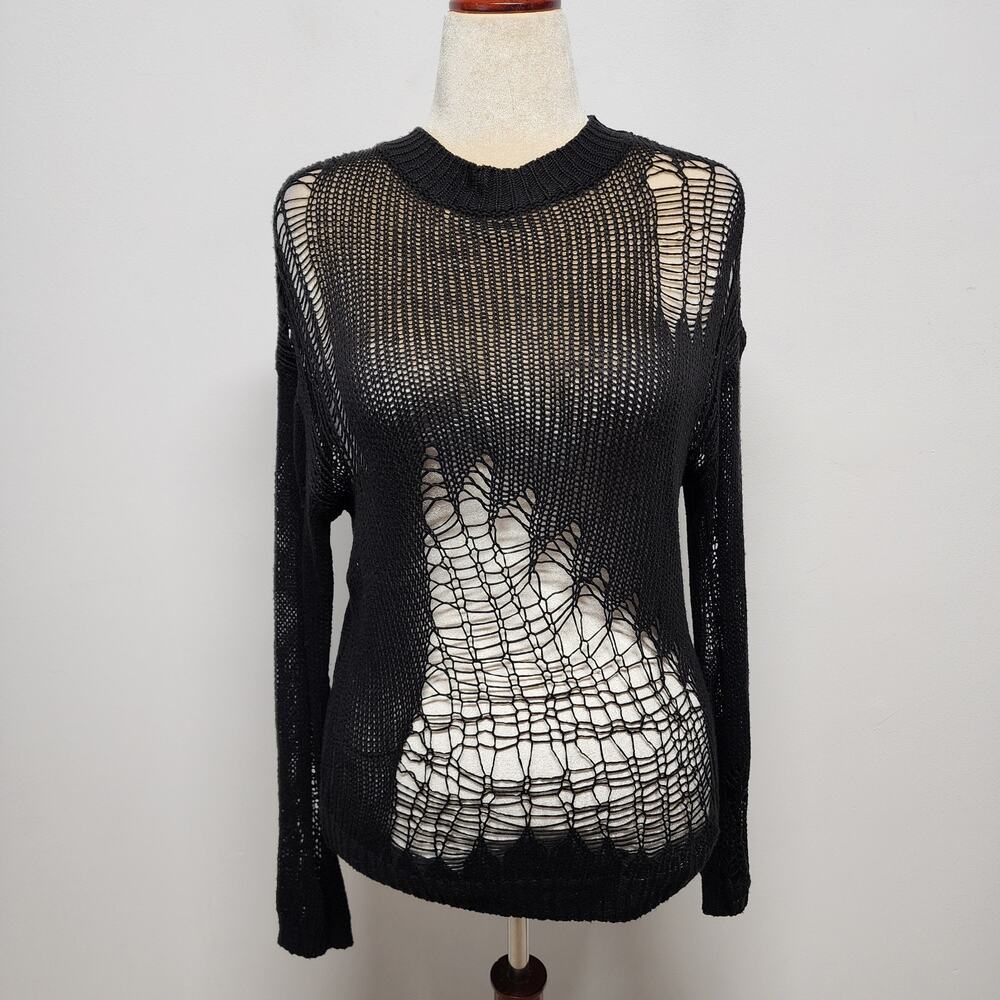 NA-KD Womens Gothic Grunge Shredded Open Knit Sweater Size S/M Black Distressed